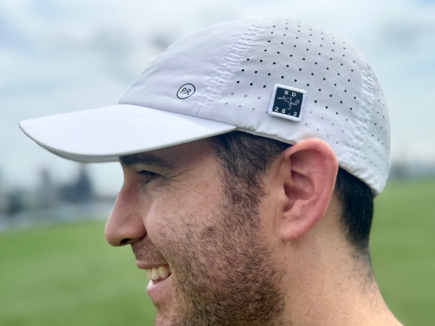 San Diego Marathon Badge on white running hat