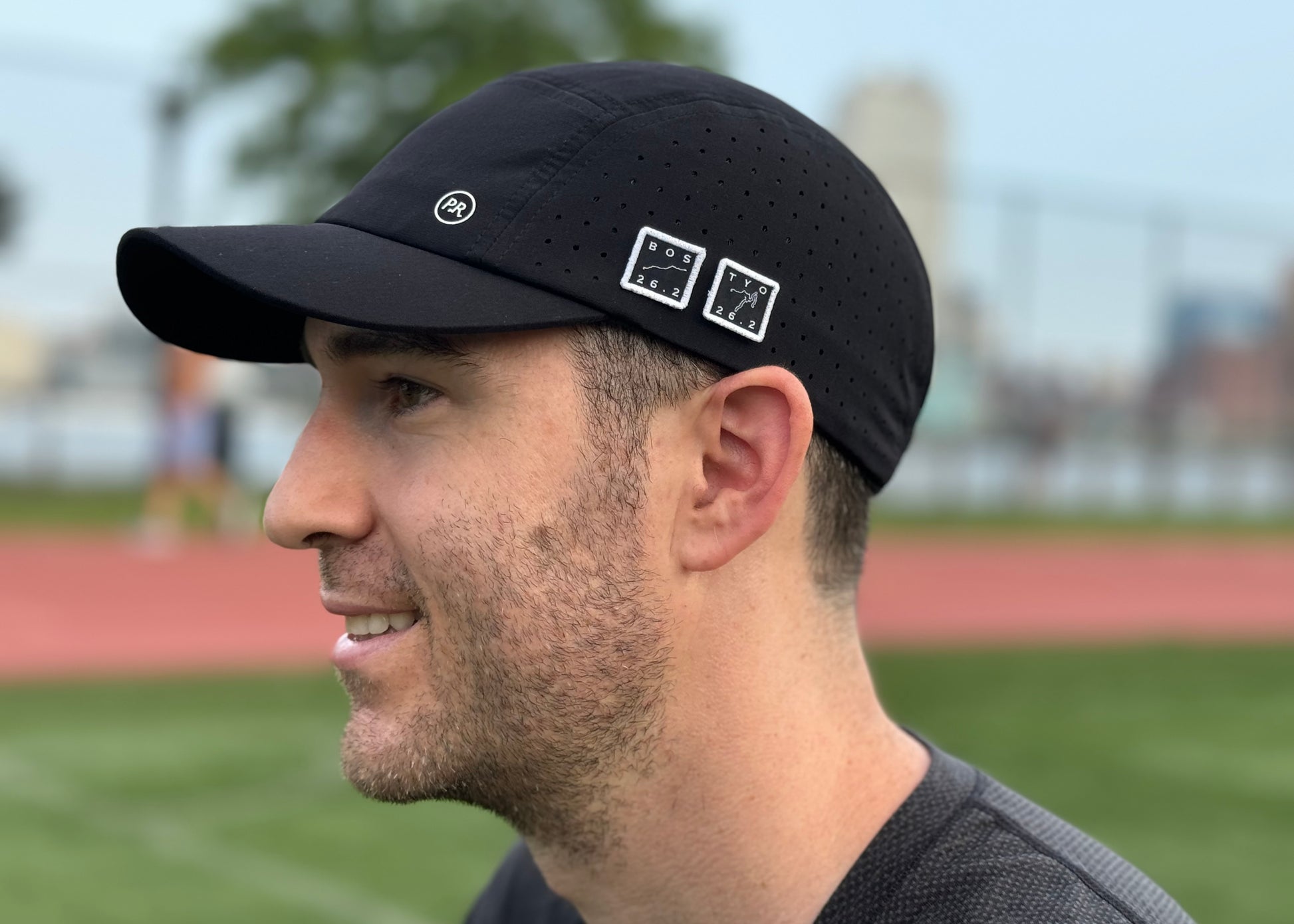 Black 5 Panel Marathon Running Hat With Boston and Tokyo Marathon Medals