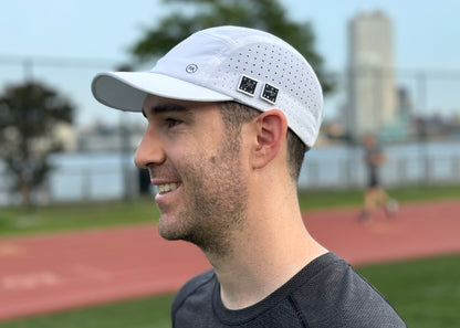 White 5 Panel Marathon Running Hat with Berlin and Chicago Marathon Medals